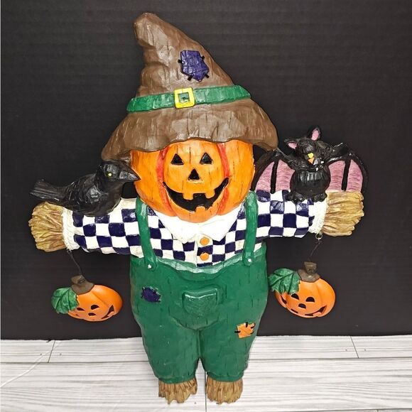 Halloween Fall Black Bird Scarecrow Jack O Lantern Pumpkin Vintage Wall Decor - Picture 1 of 9